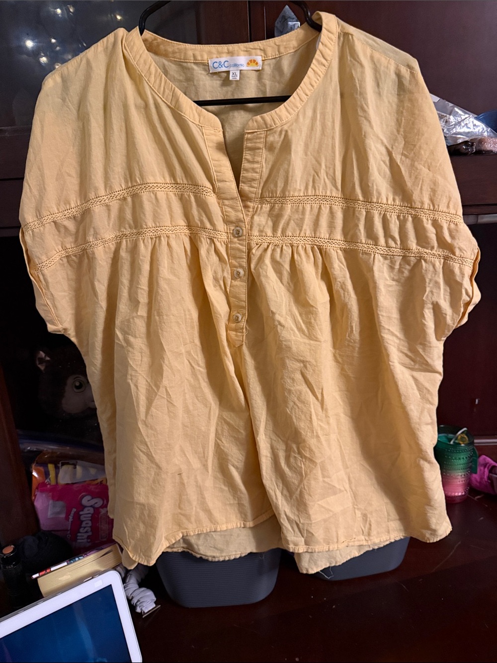 C&C California Soft Yellow Button-Front Peasant Blouse